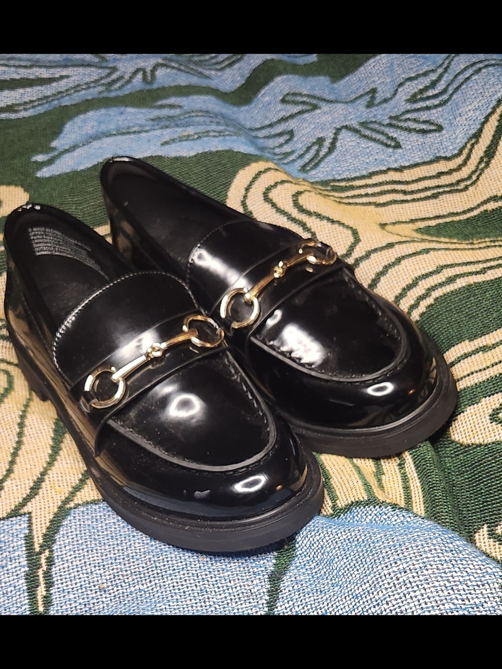 American Eagle Outfitters Black Patent Loafers with Gold Bit
